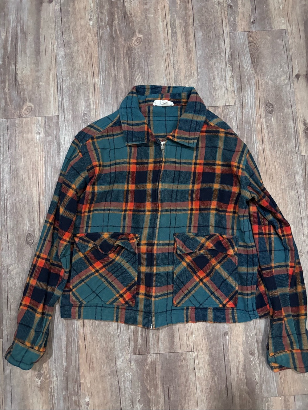 Plaid Zip-Front Women’s Jacket in Teal and Orange